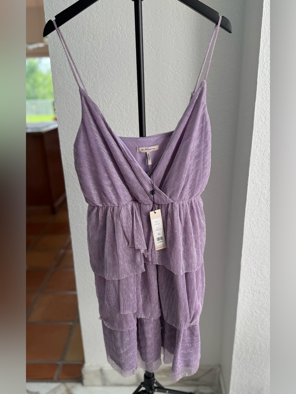 BCBG Generation Lavender Metallic Ruffled Tiered Mini Dress NWT - Picture 2 of 5